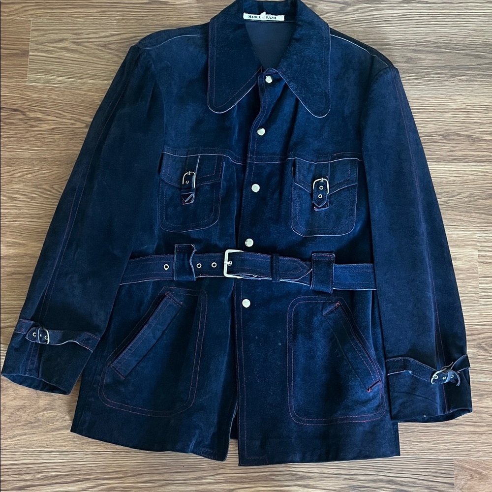 Men’s Vintage 1970s Navy Suede Belted Jacket, L